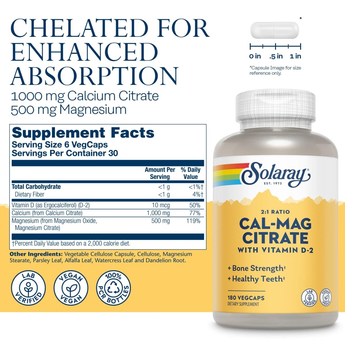 Solaray Calcium Magnesium Citrate 2:1 Ratio with Vitamin D2, Healthy Bone, Muscle & Nerve Support, 30 Serv, 180 VegCaps