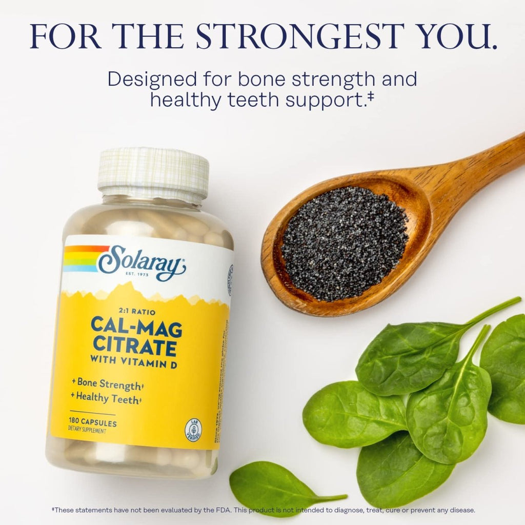 SOLARAY Calcium & Magnesium Citrate 2:1 Ratio w/Vitamin D-3, Healthy Bones, Muscle & Nervous System Support, High Absorption 180 Capsules