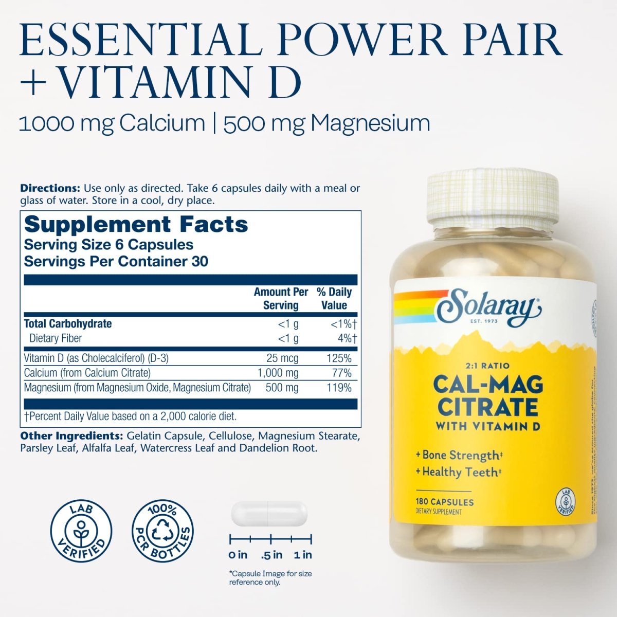SOLARAY Calcium & Magnesium Citrate 2:1 Ratio w/Vitamin D-3, Healthy Bones, Muscle & Nervous System Support, High Absorption 180 Capsules