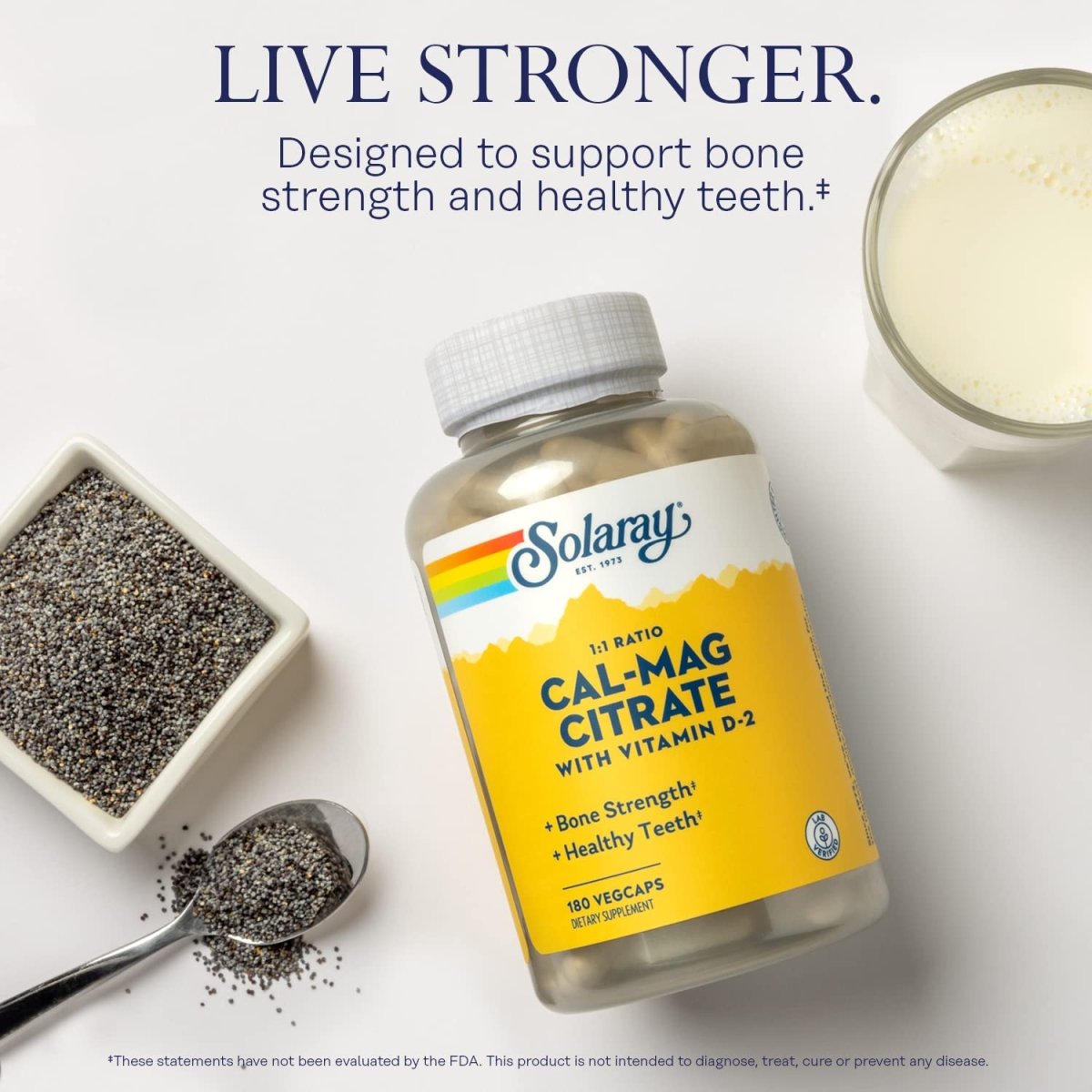 SOLARAY Calcium & Magnesium Citrate with Vitamin D-2, 1:1 Ratio for Healthy Bones, Teeth, Muscle & Nervous System Function High Absorption 180 Count