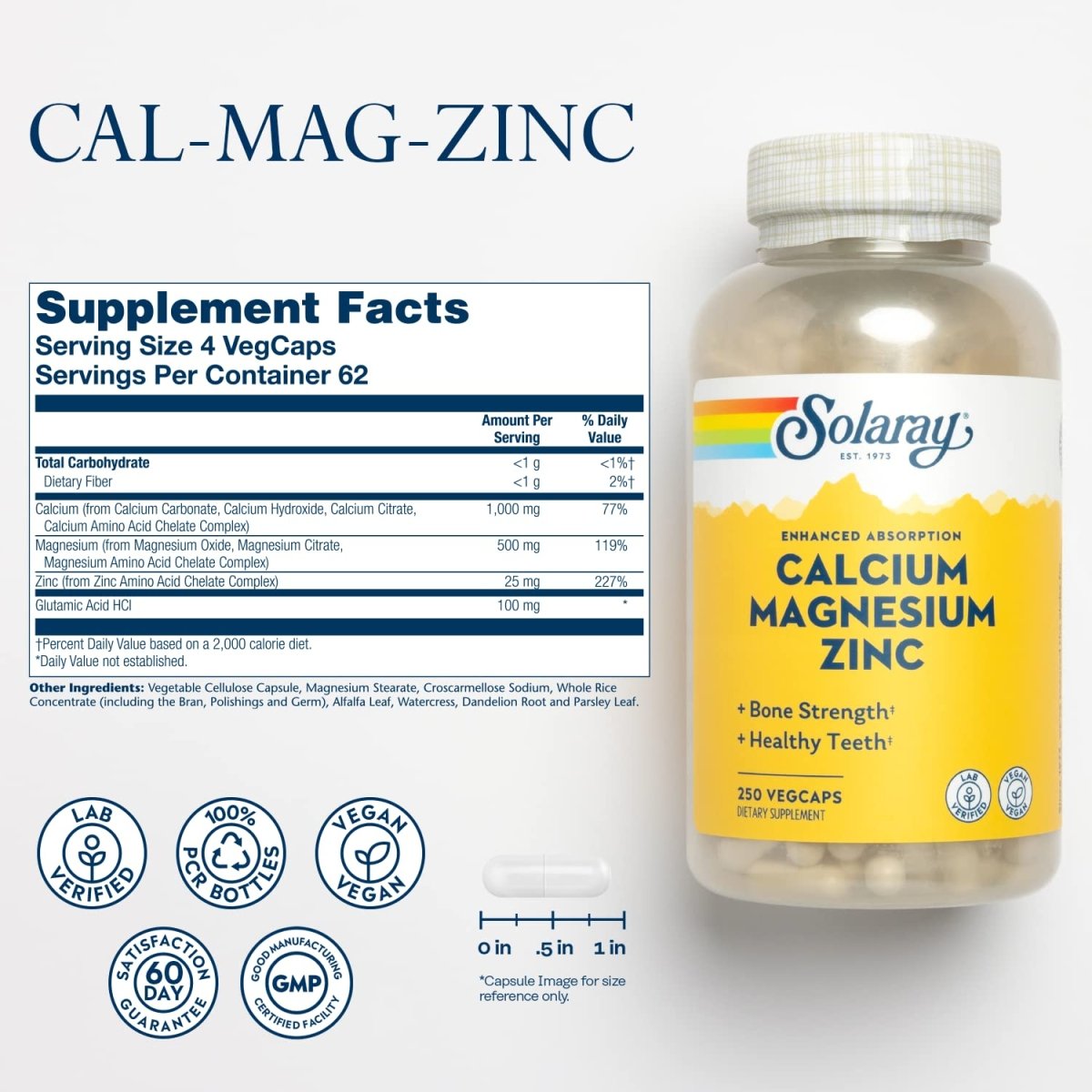 Solaray - Calcium Magnesium Zinc - 250 Vegetarian Capsules  04561