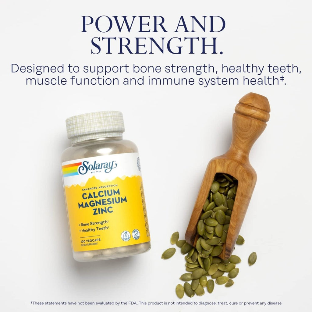 Solaray Calcium Magnesium Zinc Supplement, with Cal & Mag Citrate, Strong Bones & Teeth Support, Easy to Swallow Capsules, Vegan, 60 Day Money Back Guarantee, 25 Servings, 100 VegCaps