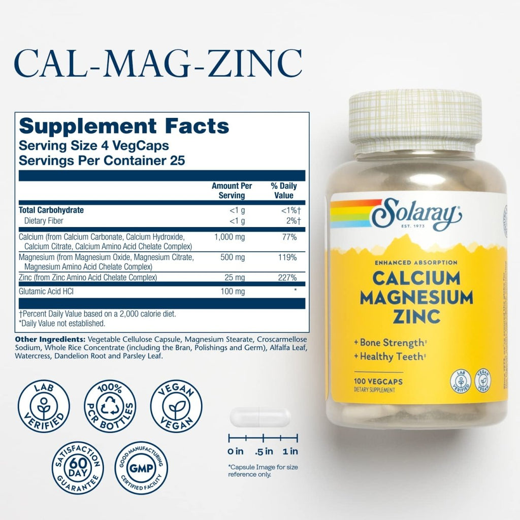 Solaray Calcium Magnesium Zinc Supplement, with Cal & Mag Citrate, Strong Bones & Teeth Support, Easy to Swallow Capsules, Vegan, 60 Day Money Back Guarantee, 25 Servings, 100 VegCaps
