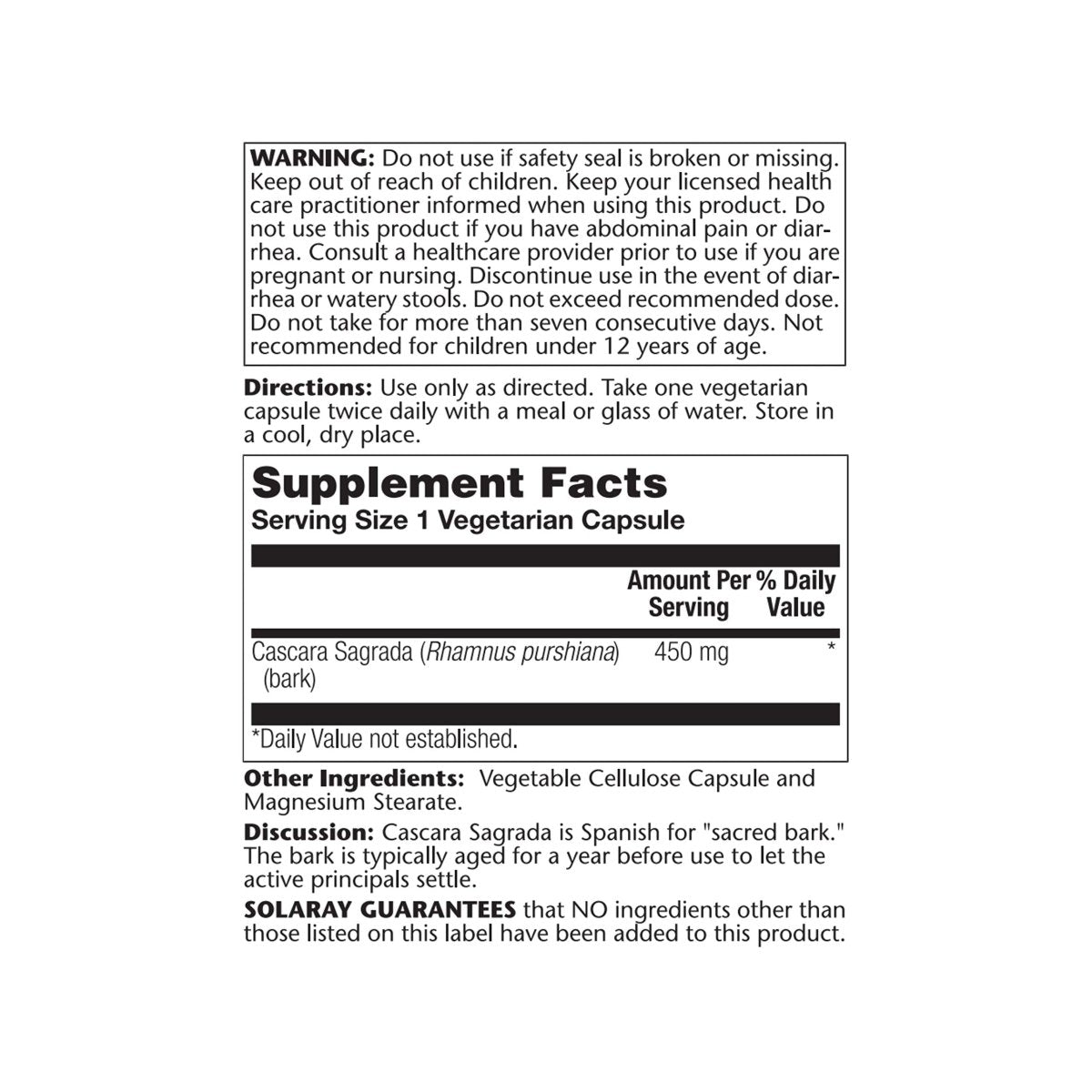 SOLARAY Cascara Sagrada Capsules - Natural Herbal Support for Healthy Bowel Function - 180 Count