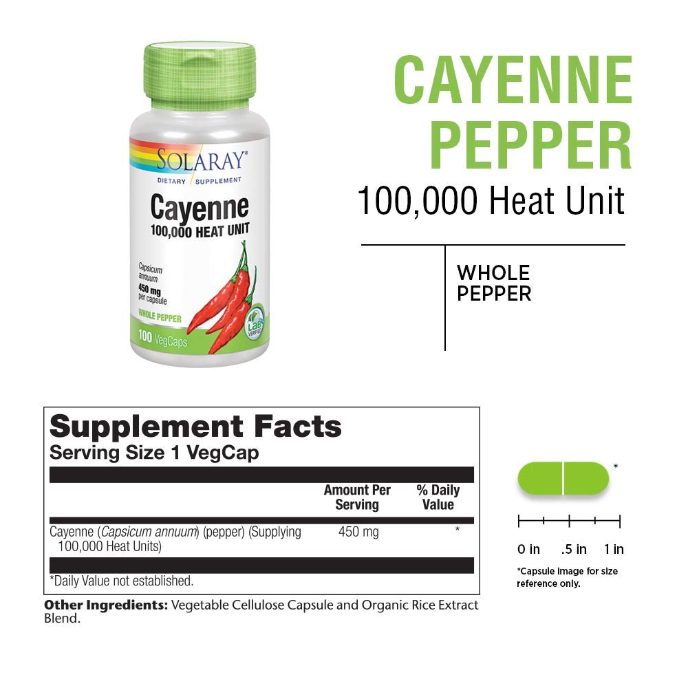 SOLARAY Cayenne Pepper 450 mg | 100,000 Heat Unit | Healthy Digestion, Circulation, Metabolism & Cardiovascular Support | Non-GMO | 100 VegCaps