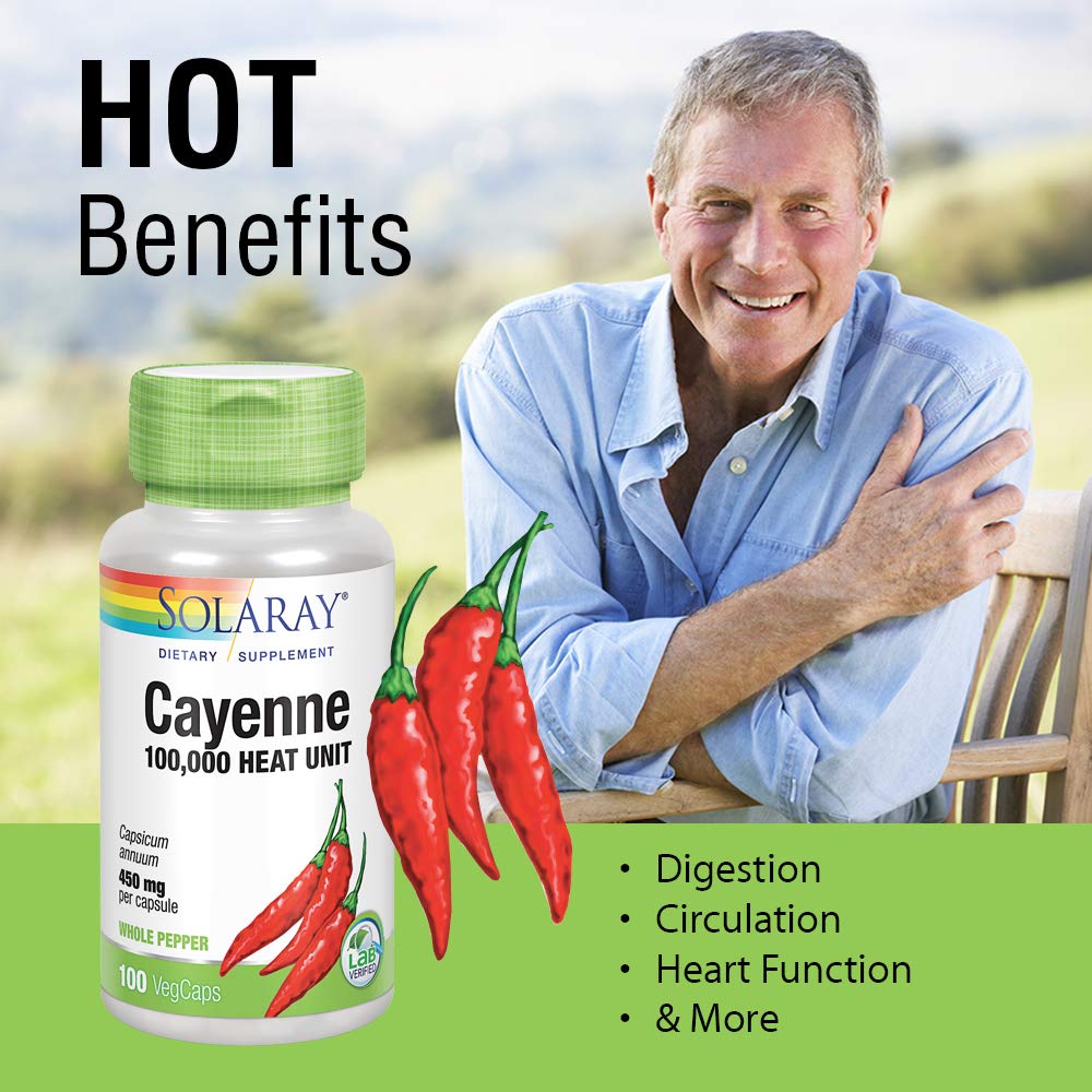 SOLARAY Cayenne Pepper 450 mg | 100,000 Heat Unit | Healthy Digestion, Circulation, Metabolism & Cardiovascular Support | Non-GMO | 100 VegCaps
