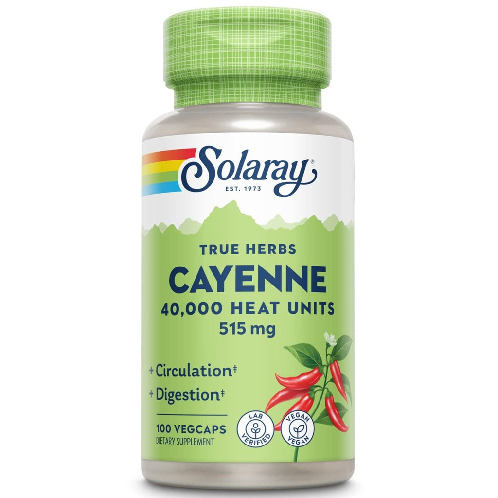 SOLARAY Cayenne Pepper 515 mg | 40,000 Heat Unit | Healthy Digestion, Circulation, Metabolism & Cardiovascular Support | Non-GMO | 100 VegCaps