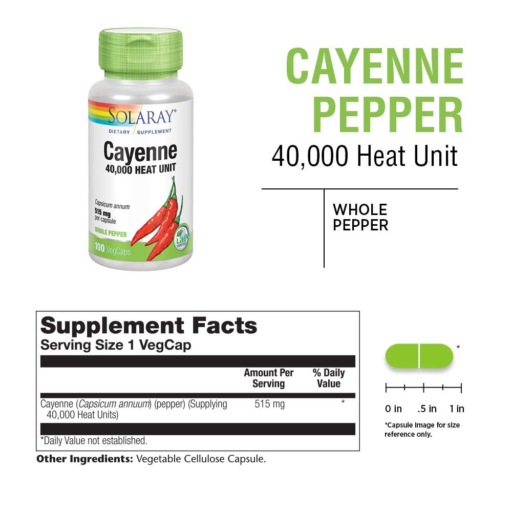 SOLARAY Cayenne Pepper 515 mg | 40,000 Heat Unit | Healthy Digestion, Circulation, Metabolism & Cardiovascular Support | Non-GMO | 100 VegCaps