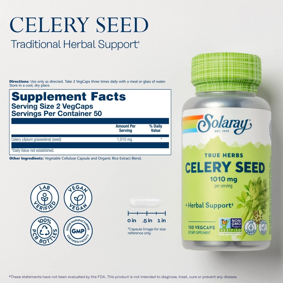 Solaray Celery Seed 1010 mg, Traditional Liver, Water Balance, and Joint Support, Whole Celery Seeds with Phytochemicals and Flavonoids, Vegan, Lab Verified, 60-Day Money-Back Guarantee, 50 Servings, 100 VegCaps