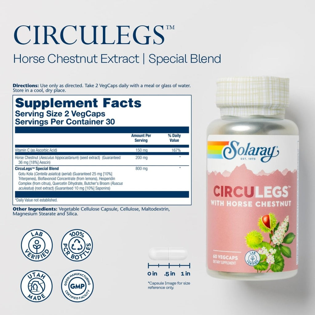 SOLARAY CircuLegs with Horse Chestnut Extract, Gotu Kola, Butcher's Broom, and More, Circulation and Vein Support for Healthy Legs, 60-Day Guarantee, Lab Verified (30 Serv, 60 VegCaps)