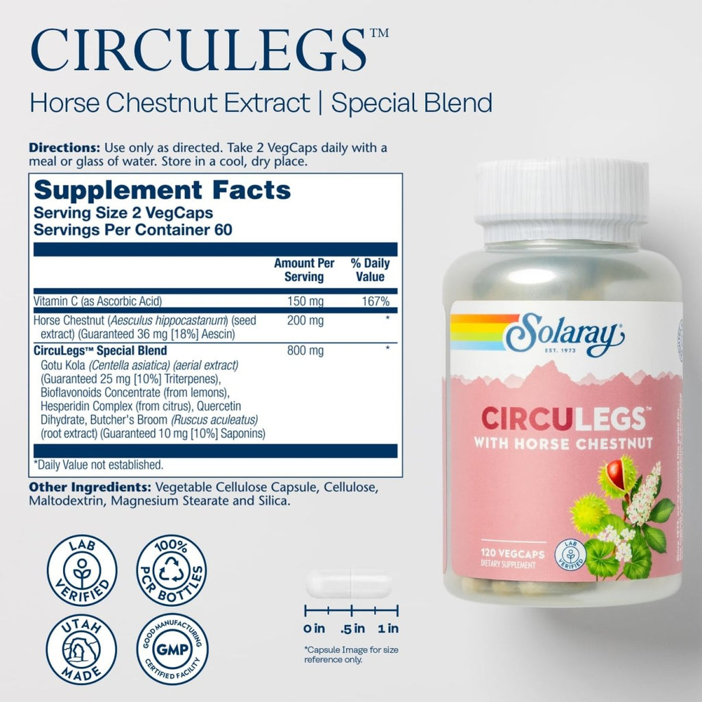 SOLARAY CircuLegs with Horse Chestnut Extract, Gotu Kola, Butcher's Broom, and More, Circulation and Vein Support for Healthy Legs, 60-Day Guarantee, Lab Verified (60 Serv, 120 VegCaps)