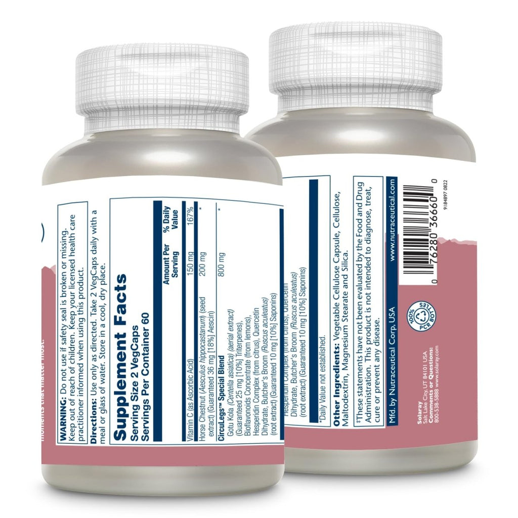 SOLARAY CircuLegs with Horse Chestnut Extract, Gotu Kola, Butcher's Broom, and More, Circulation and Vein Support for Healthy Legs, 60-Day Guarantee, Lab Verified (60 Serv, 120 VegCaps)