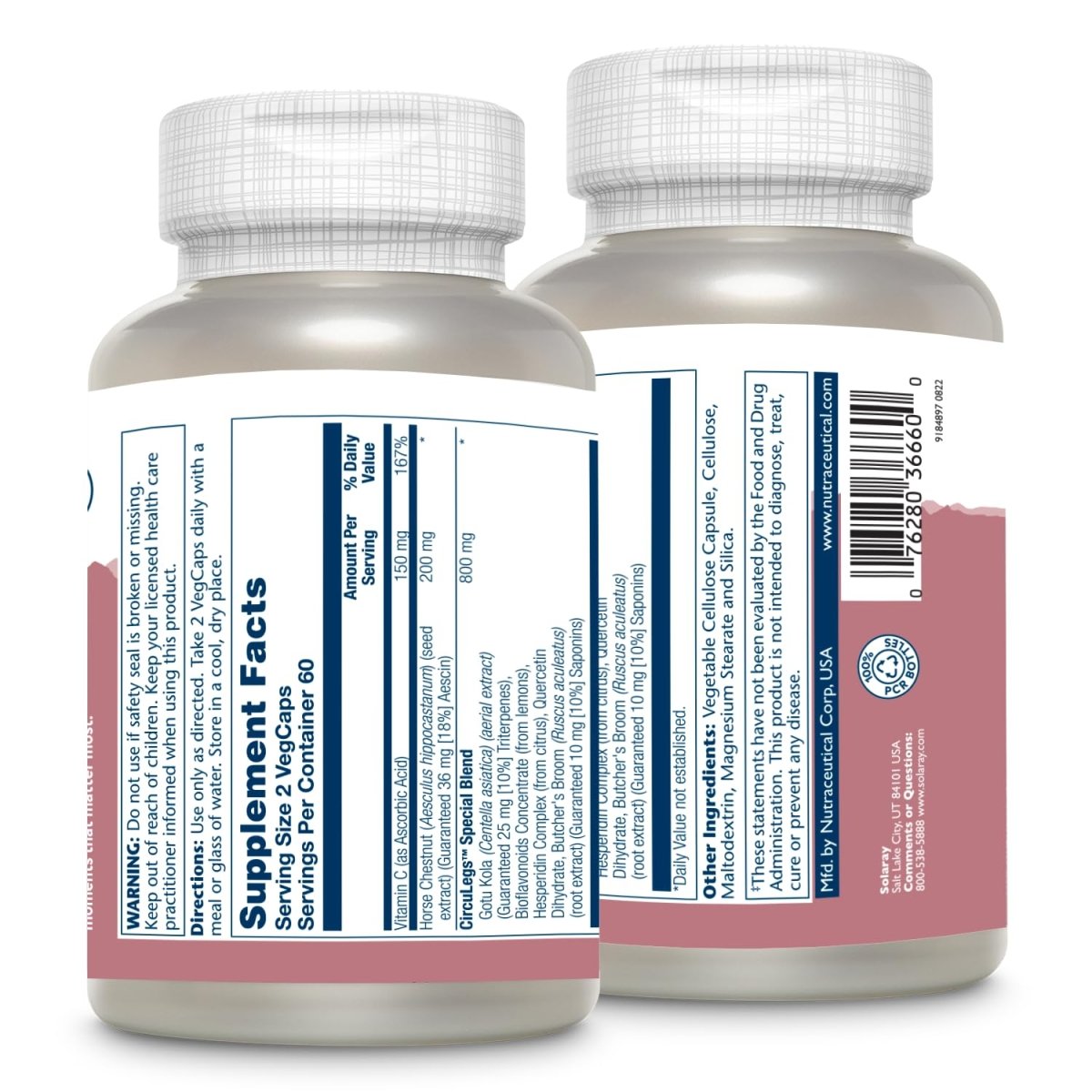 SOLARAY CircuLegs with Horse Chestnut Extract, Gotu Kola, Butcher's Broom, and More, Circulation and Vein Support for Healthy Legs, 60-Day Guarantee, Lab Verified (60 Serv, 120 VegCaps)