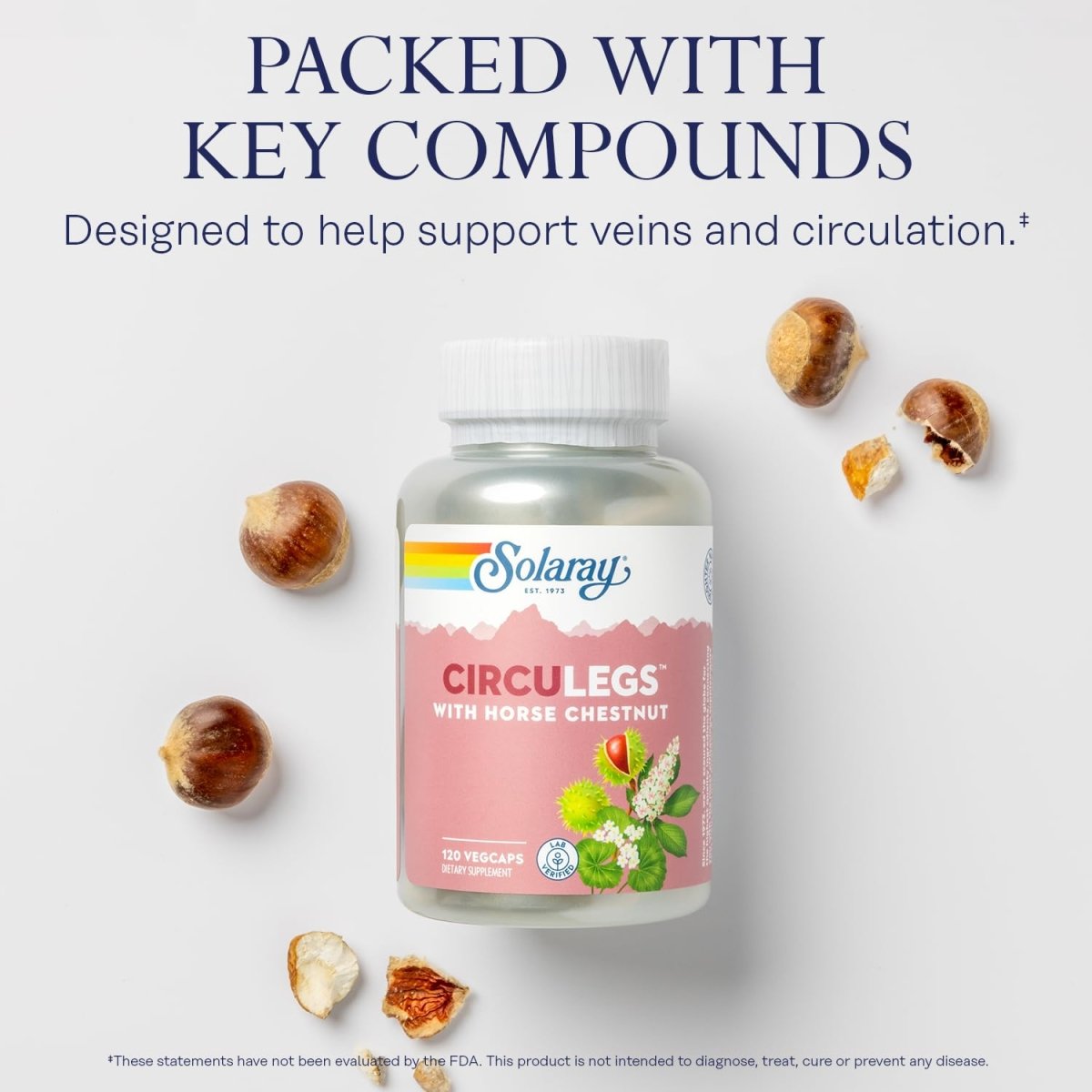 SOLARAY CircuLegs with Horse Chestnut Extract, Gotu Kola, Butcher's Broom, and More, Circulation and Vein Support for Healthy Legs, 60-Day Guarantee, Lab Verified (60 Serv, 120 VegCaps)