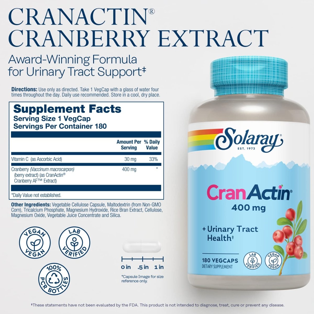 Solaray Cranactin Cranberry AF Extract Capsules, 400 mg, 180 Count