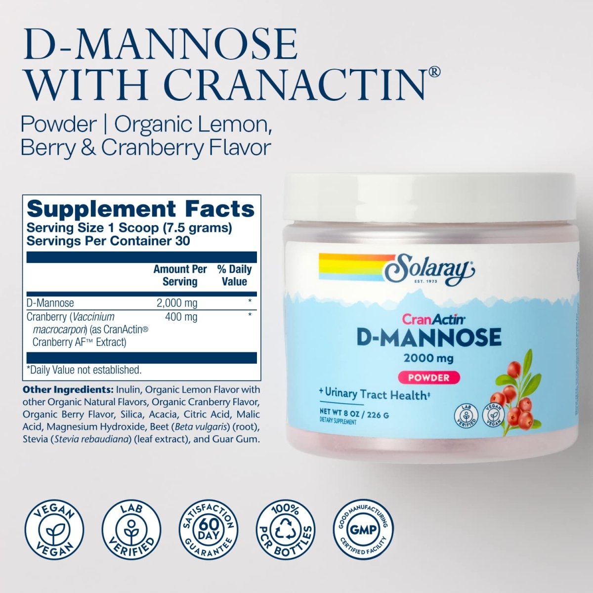 SOLARAY D-Mannose with CranActin Cranberry AF Extract Powder - Healthy Urinary Tract Support - 8 oz (226 g), 30 Servings