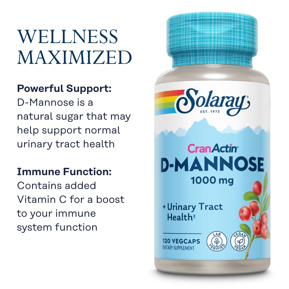 SOLARAY D-Mannose with CranActin Cranberry Supplement 400mg, Urinary Tract Health & Bladder Support Capsules with Vitamin C for Immune Function, Vegan, 60 Day Guarantee, 30 Servings, 60 VegCaps