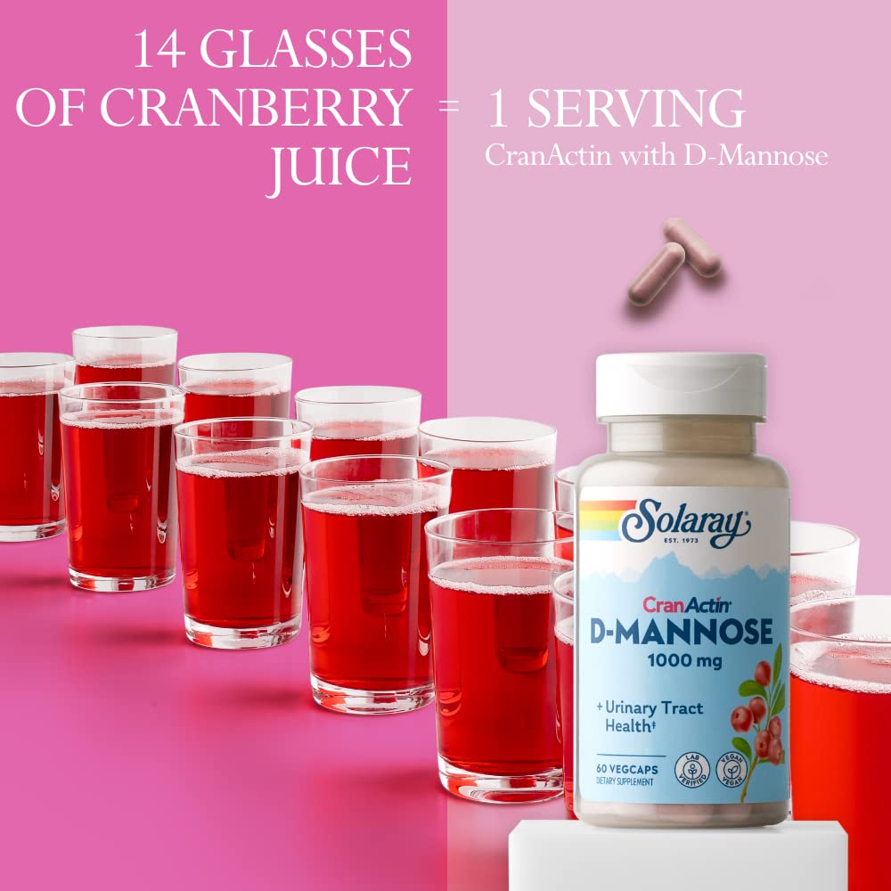 SOLARAY D-Mannose with CranActin Cranberry Supplement 400mg, Urinary Tract Health & Bladder Support Capsules with Vitamin C for Immune Function, Vegan, 60 Day Guarantee, 30 Servings, 60 VegCaps