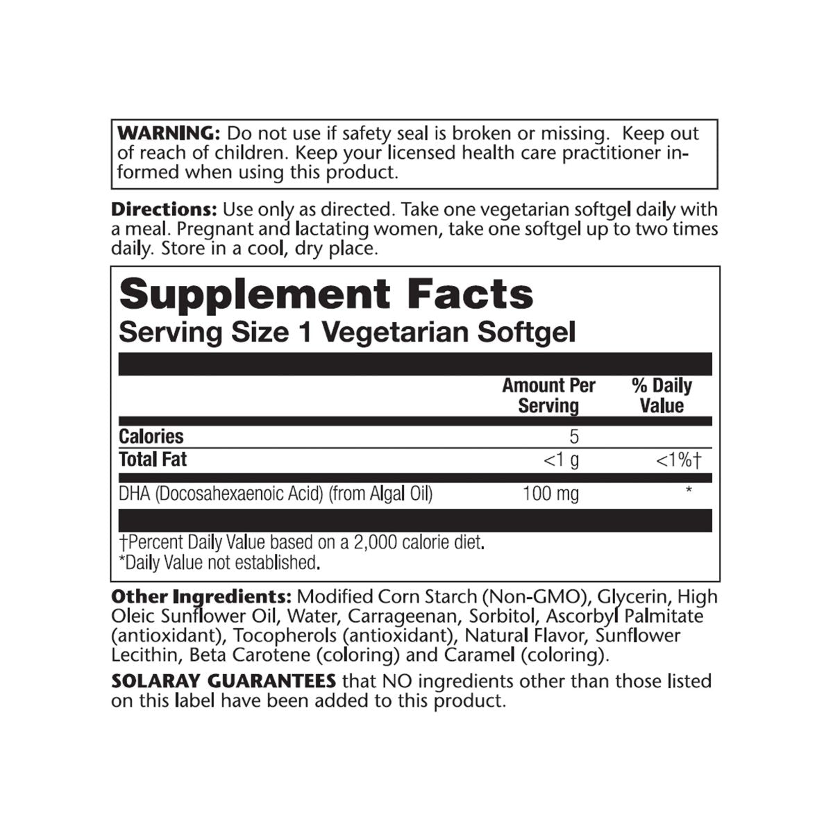 SOLARAY DHA Neuromins, Vegan Softgel (Btl-Plastic) 100mg 60ct