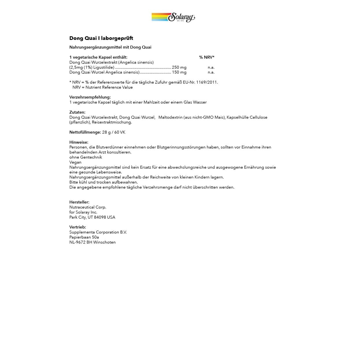 Solaray Dong Quai Root Extract - 60 Count