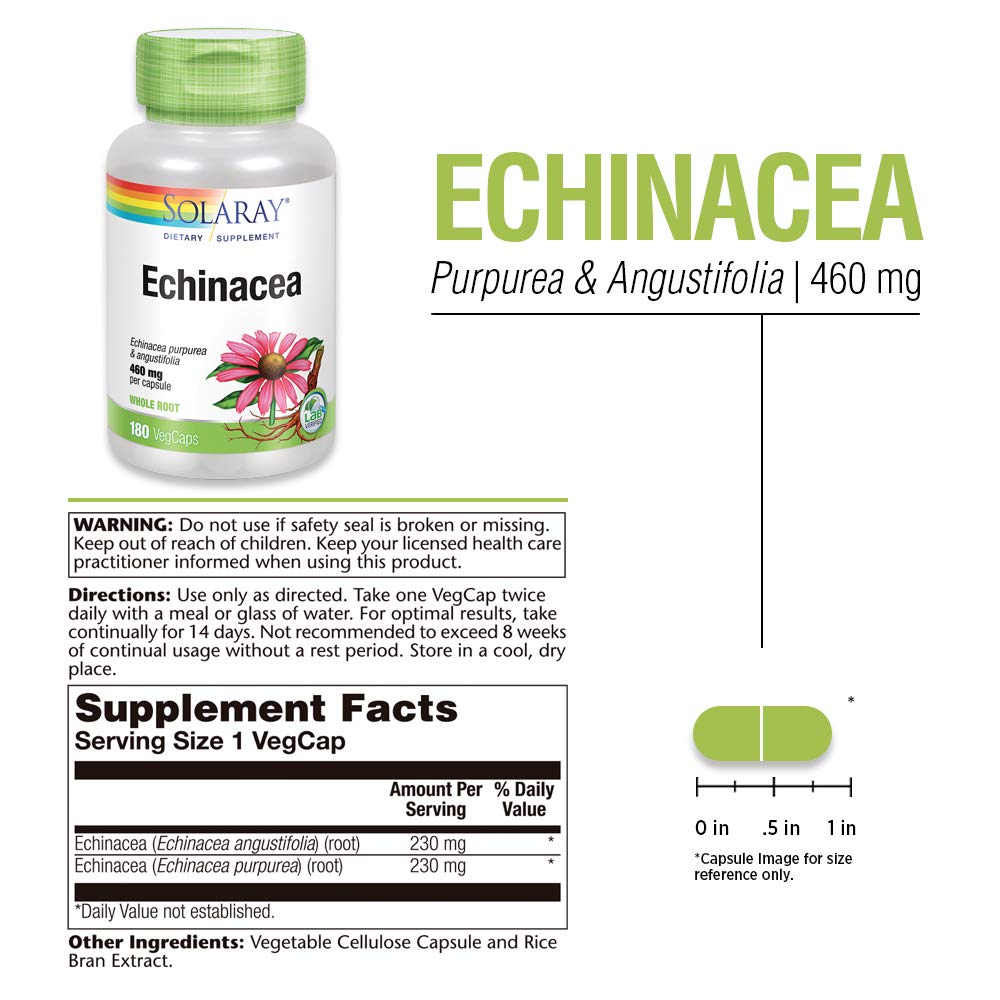 SOLARAY Echinacea Purpurea & Angustifolia Root 460 mg | Healthy Immune & Respiratory Function Support | 180 VegCaps