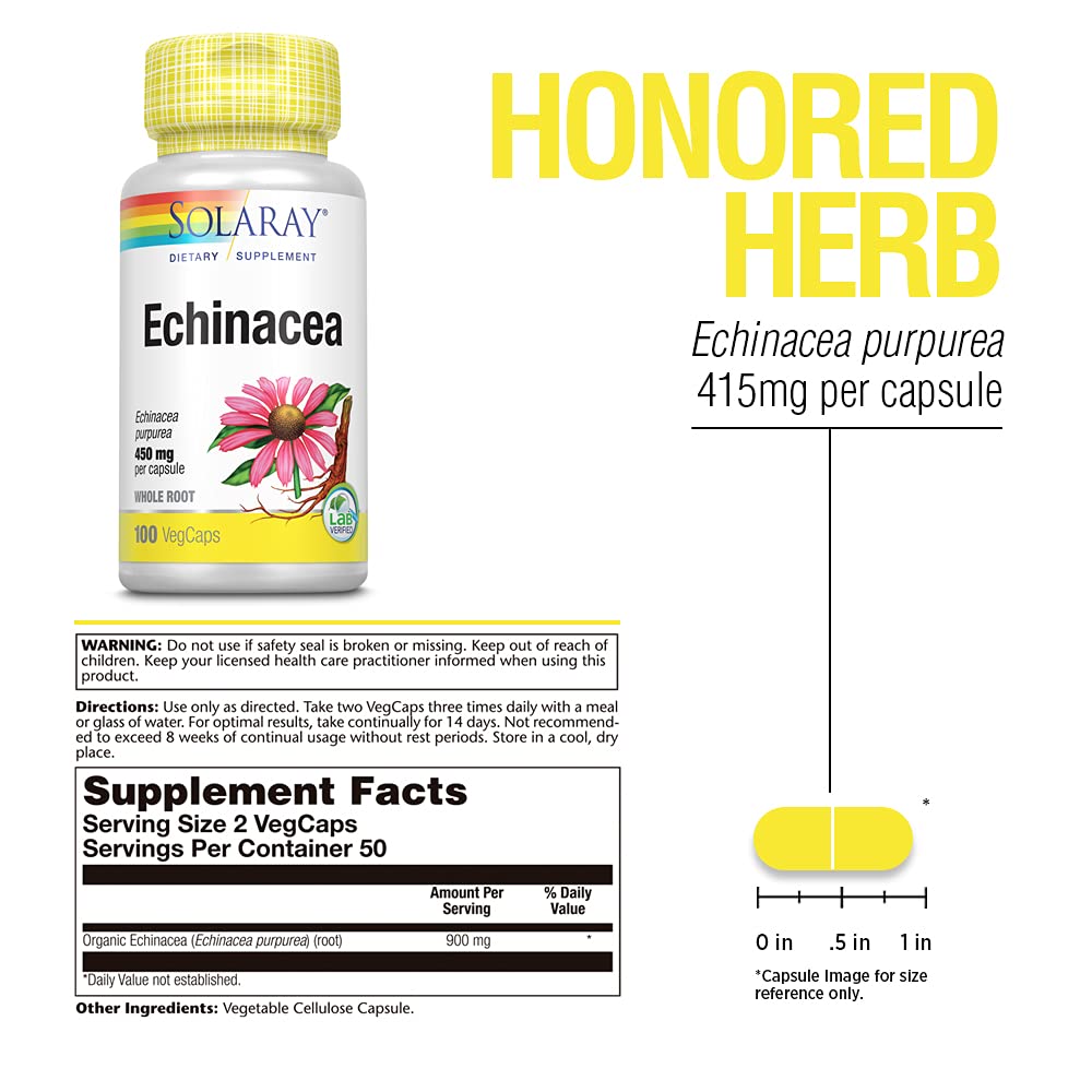 SOLARAY Echinacea Root Capsules - Healthy Immune Function and Respiratory Support - Non-GMO, Vegan - 100ct, 50 Servings