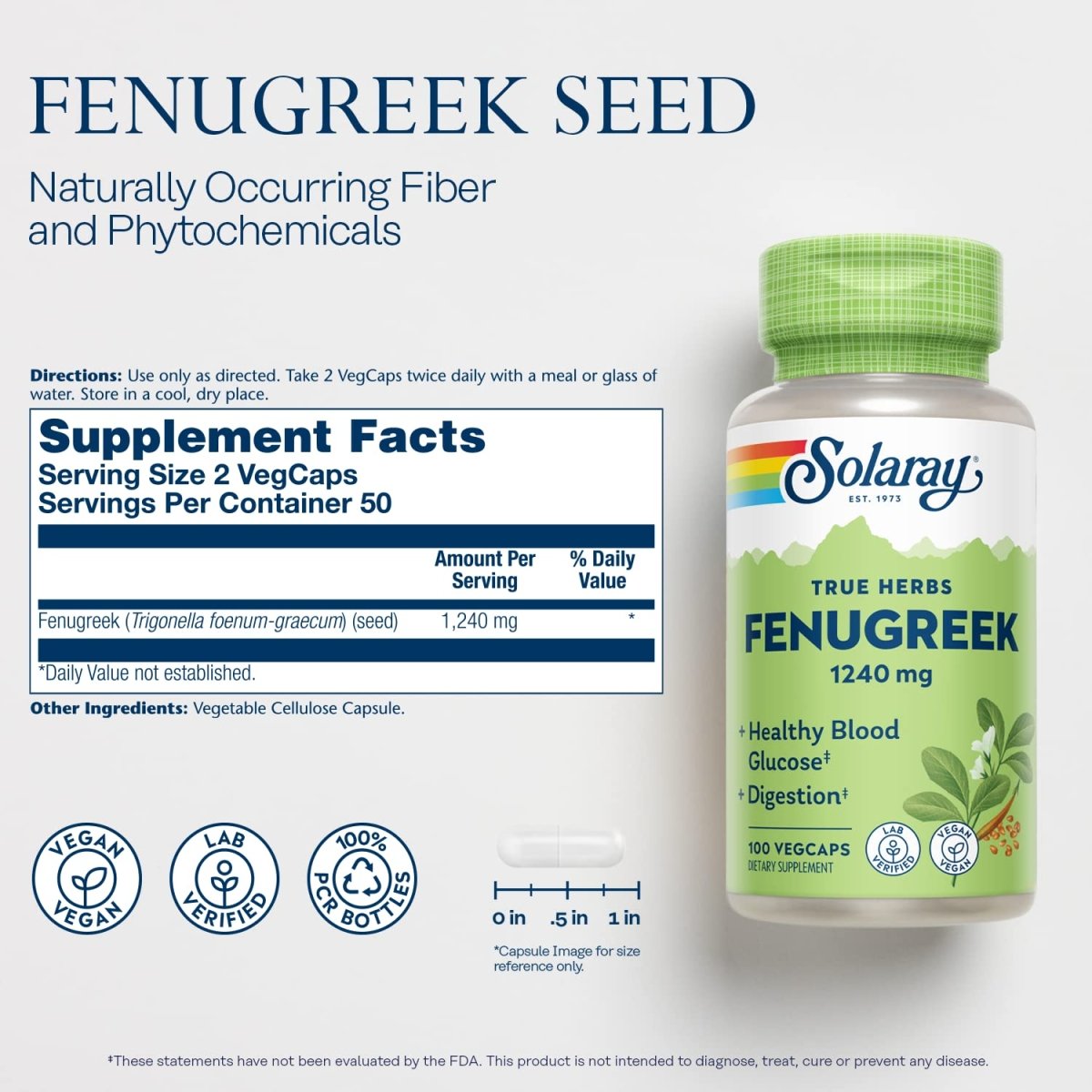 SOLARAY Fenugreek Seed 1240 mg, Healthy Digestion Support and More, Vegan and Lab Verified for Quality, 50 Servings, 100 VegCaps