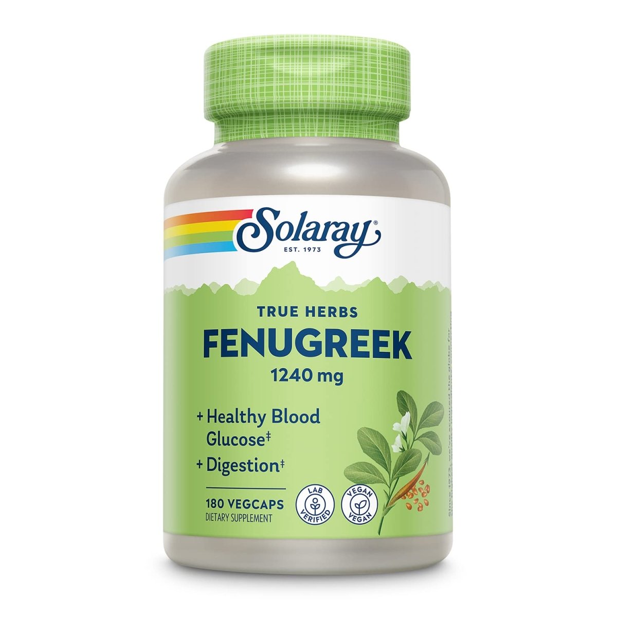 SOLARAY Fenugreek Seed 1240 mg, Healthy Digestion Support and More, Vegan and Lab Verified for Quality, 90 Servings, 180 VegCaps