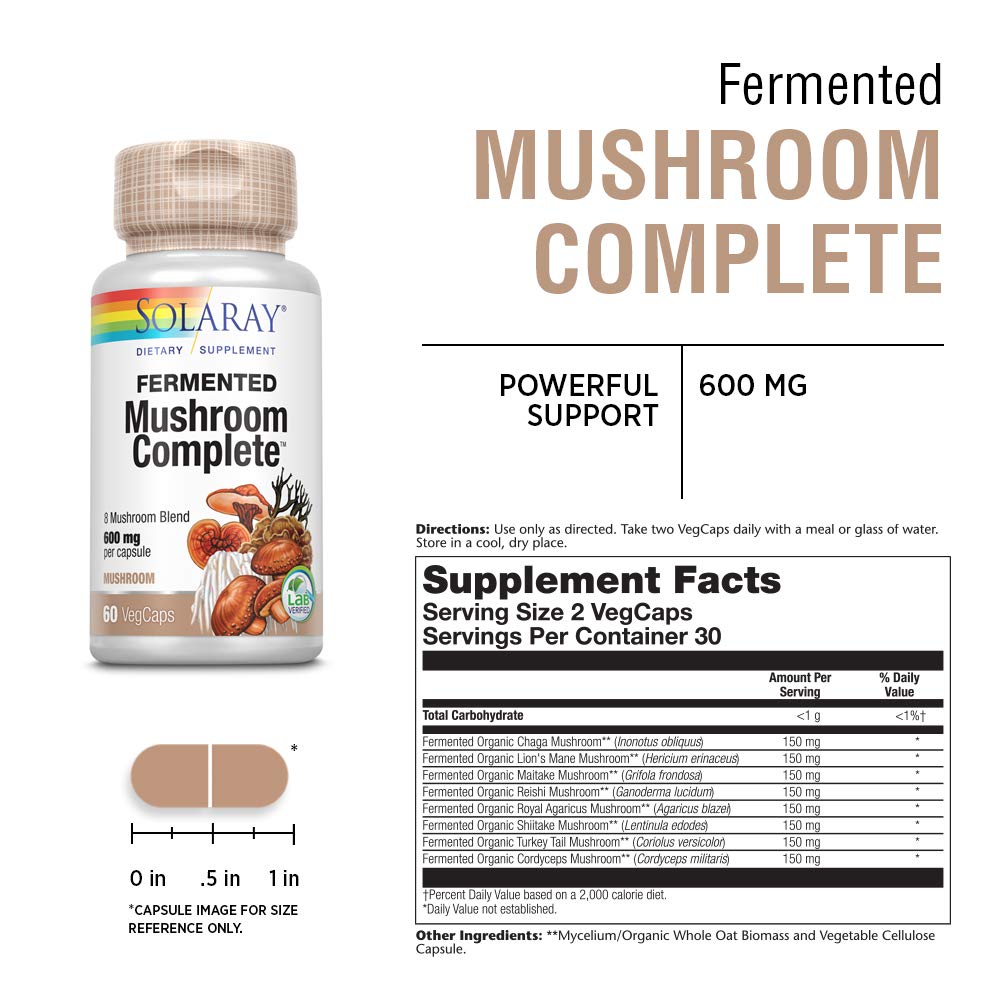 Solaray Fermented Mushroom Complete 1200 mg | Healthy Immune Function Support | 30 Serv | 60 VegCaps