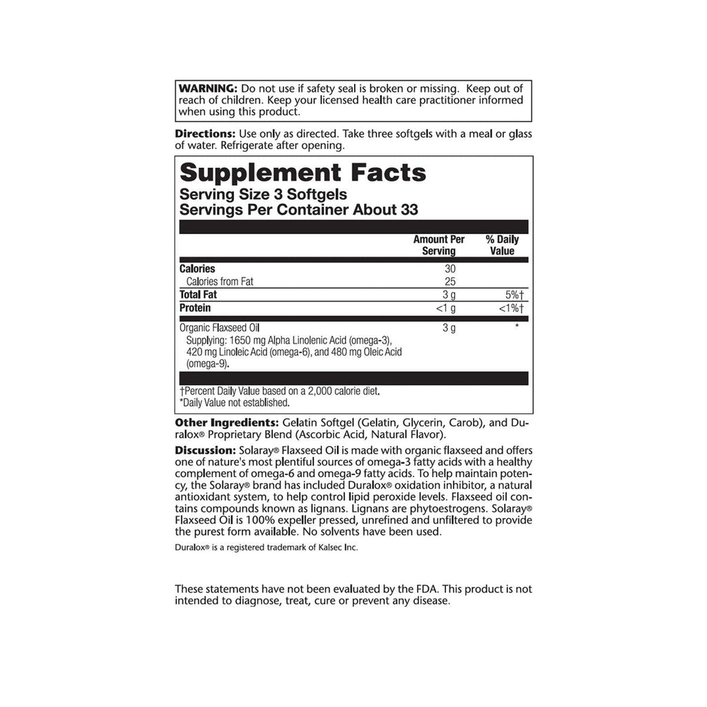 SOLARAY Flaxseed Oil, Softgel (Btl-Plastic) 1000mg 100ct