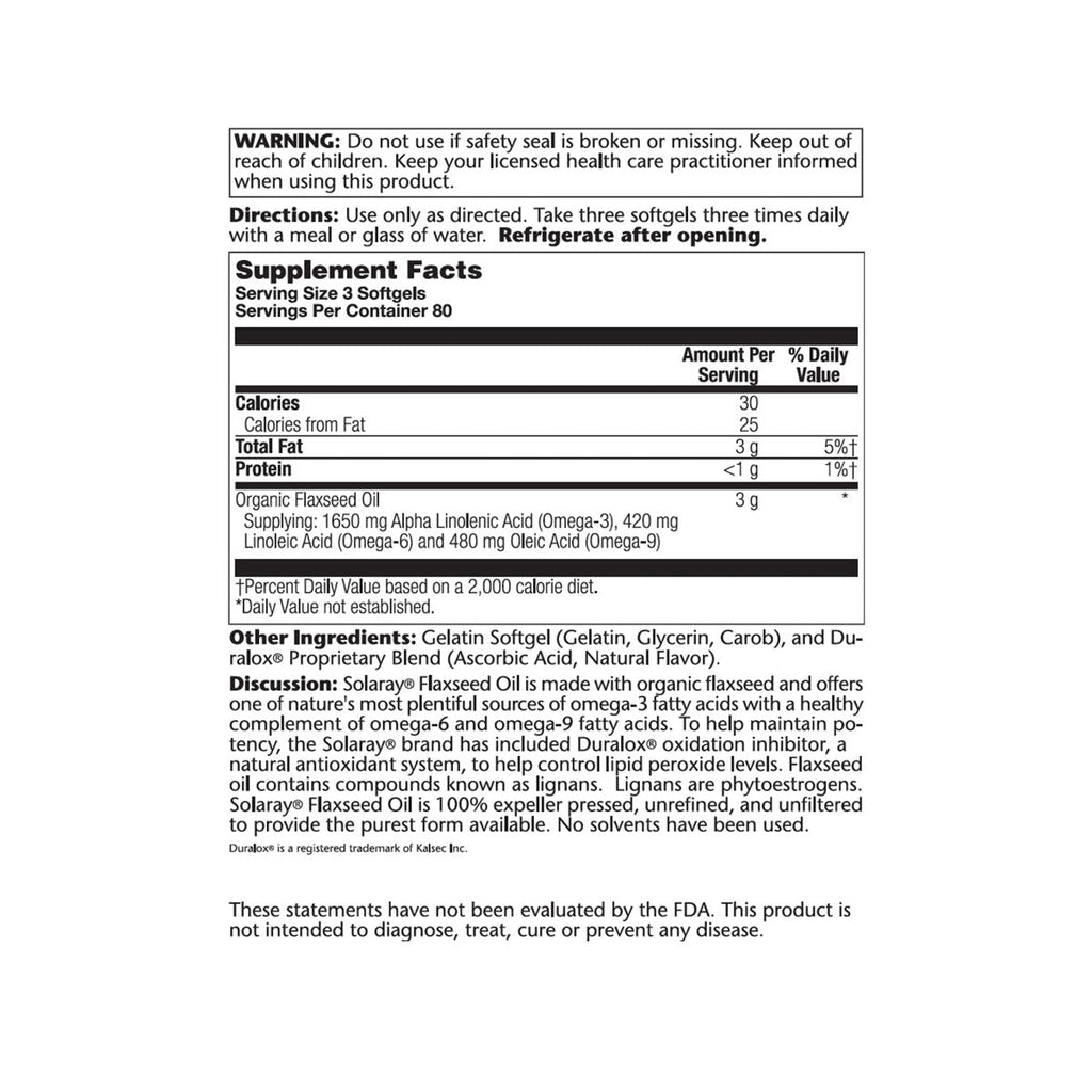 SOLARAY Flaxseed Oil Softgels - 1000mg, 240 Count