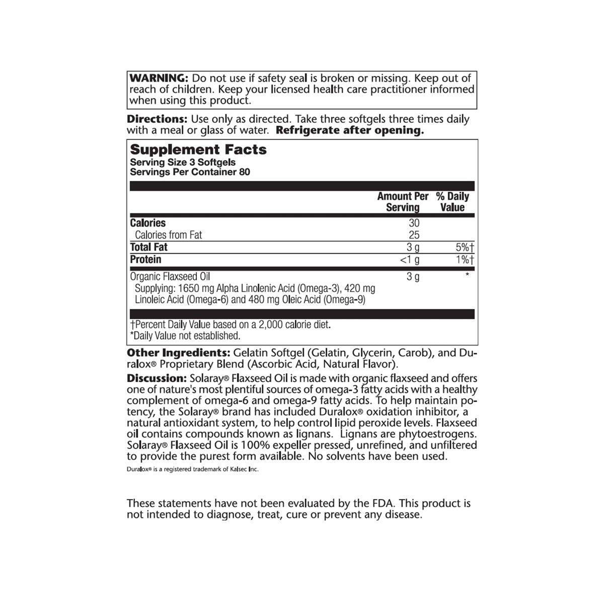 SOLARAY Flaxseed Oil Softgels - 1000mg, 240 Count