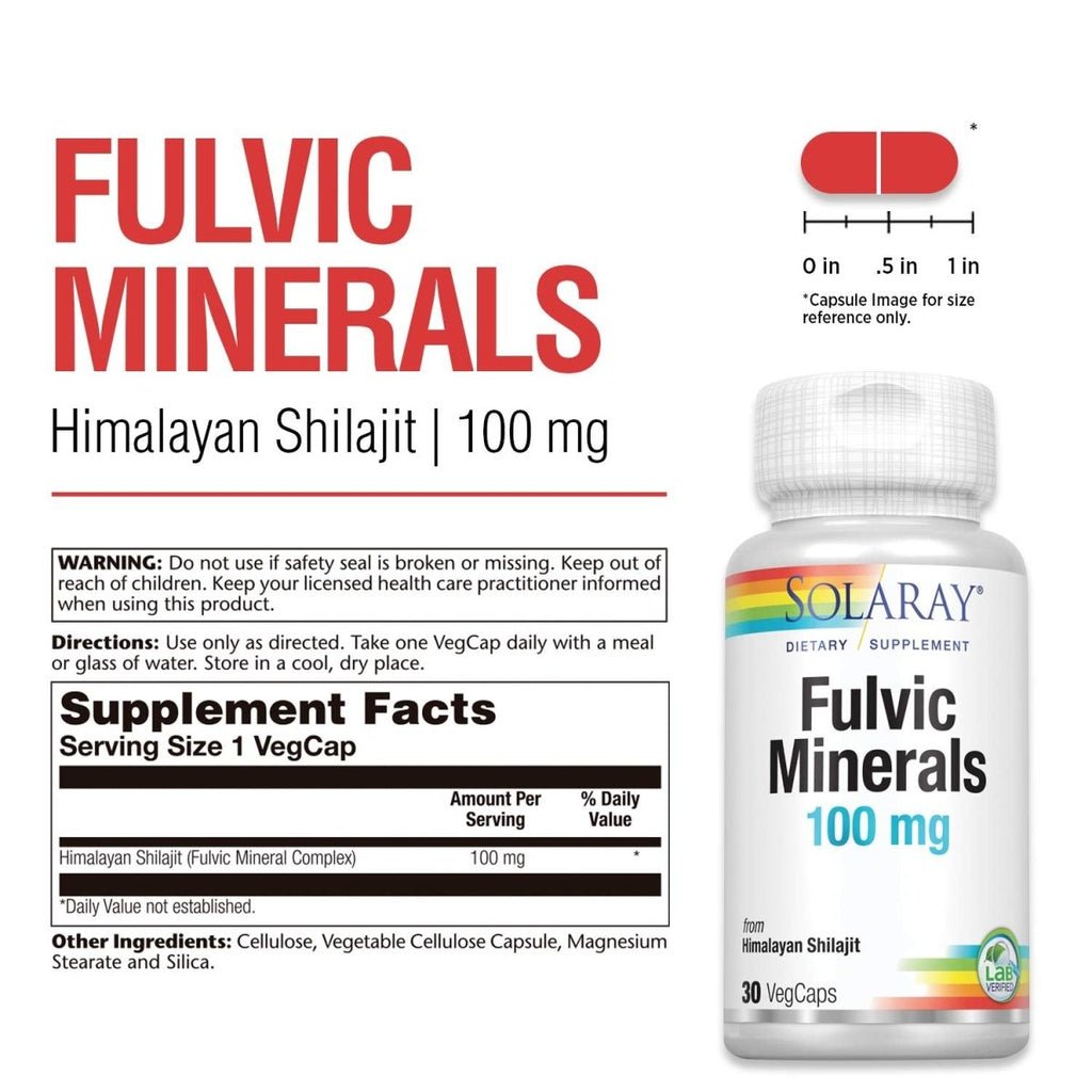Solaray Fulvic Minerals 100 mg | Himalayan Shilajit | 30 VegCaps