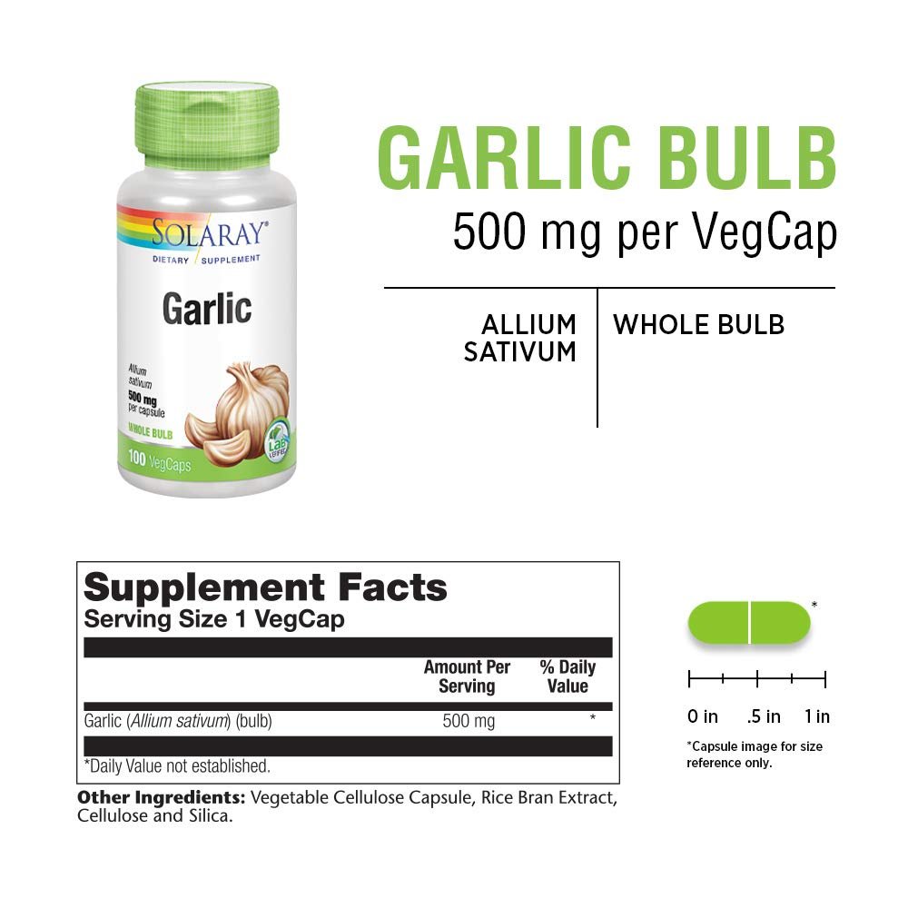 SOLARAY Garlic Bulb 500 mg | Healthy Immune, Circulatory & Cardiovascular Systems Support | Vegan, Non-GMO | 100 VegCaps
