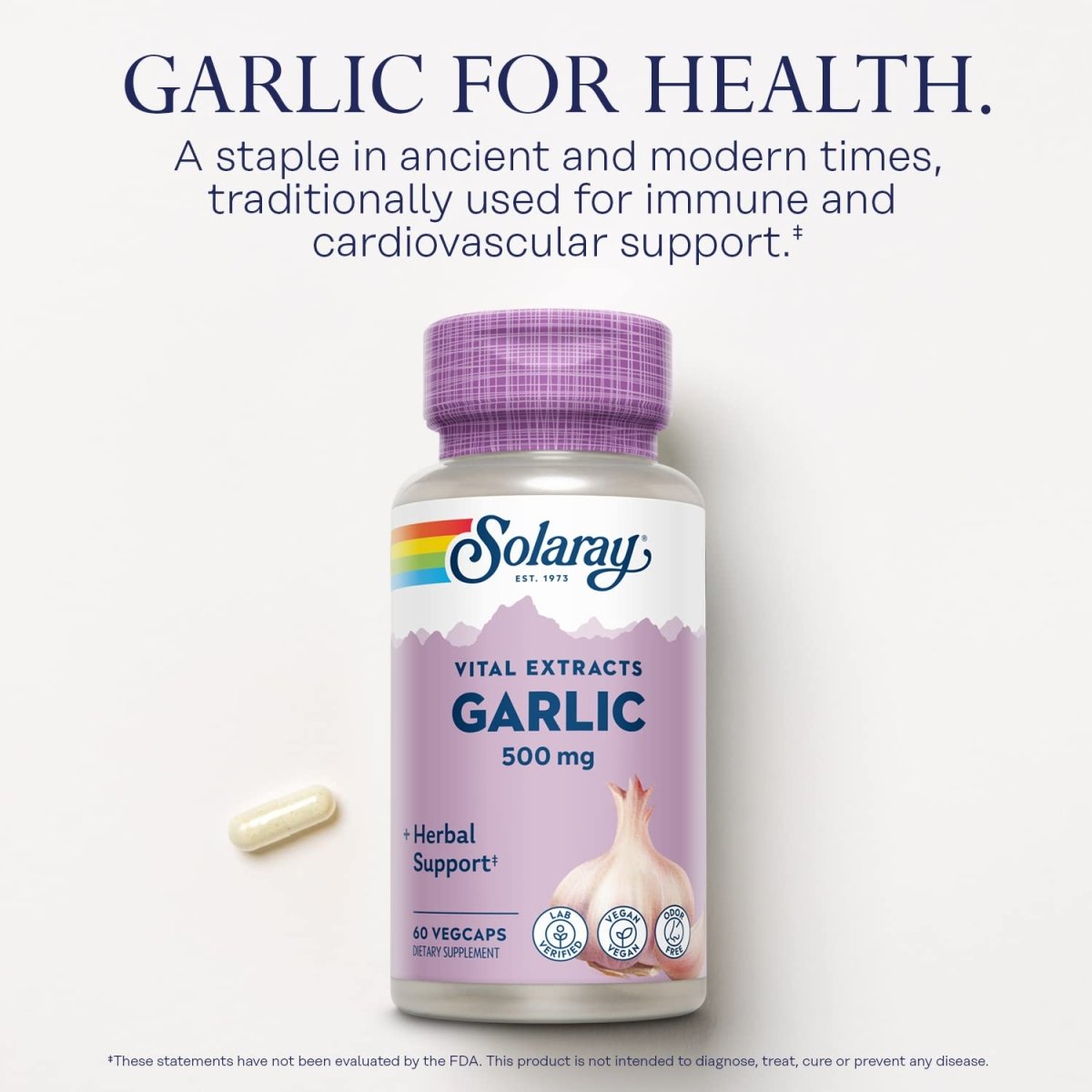 SOLARAY Garlic Supplement 500mg, Vegan, Odorless Garlic Extract, Traditionally Used for Heart Health and Immune Support, Vegan, Odor Free, Lab Verified, 60 Day Guarantee, 60 Serv, 60 Enteric VegCaps