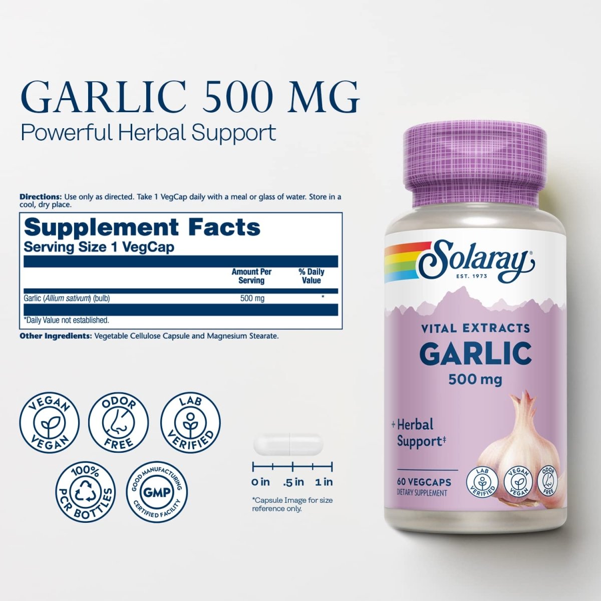 SOLARAY Garlic Supplement 500mg, Vegan, Odorless Garlic Extract, Traditionally Used for Heart Health and Immune Support, Vegan, Odor Free, Lab Verified, 60 Day Guarantee, 60 Serv, 60 Enteric VegCaps
