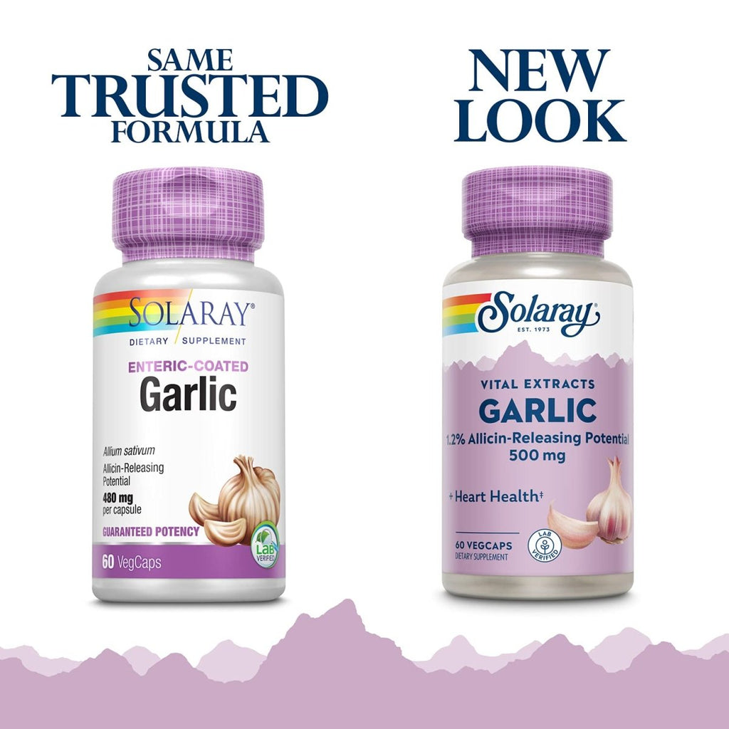 SOLARAY Garlic Supplement 500mg, Vegan, Odorless Garlic Extract, Traditionally Used for Heart Health and Immune Support, Vegan, Odor Free, Lab Verified, 60 Day Guarantee, 60 Serv, 60 Enteric VegCaps