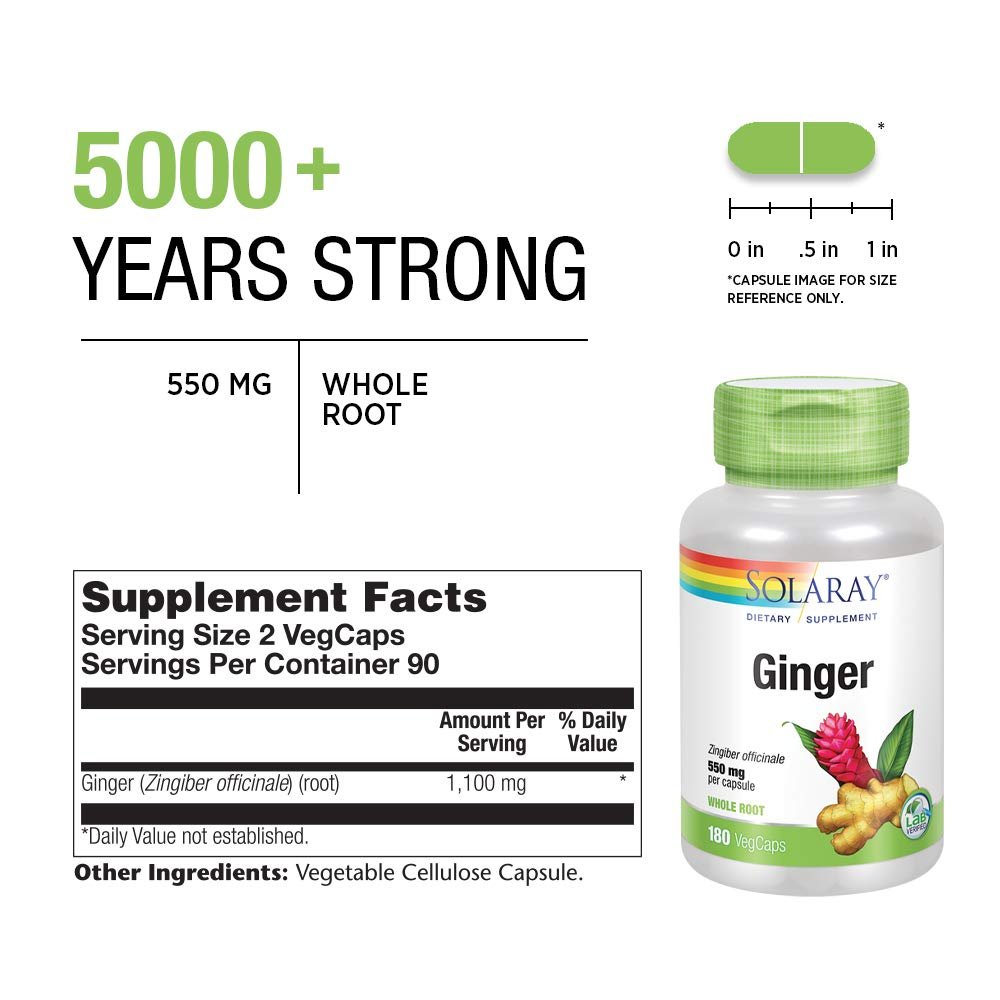 SOLARAY Ginger Root 1100mg | Healthy Digestion, Joints and Motion & Stomach Discomfort Support | Whole Root | Non-GMO & Vegan | 180 VegCaps
