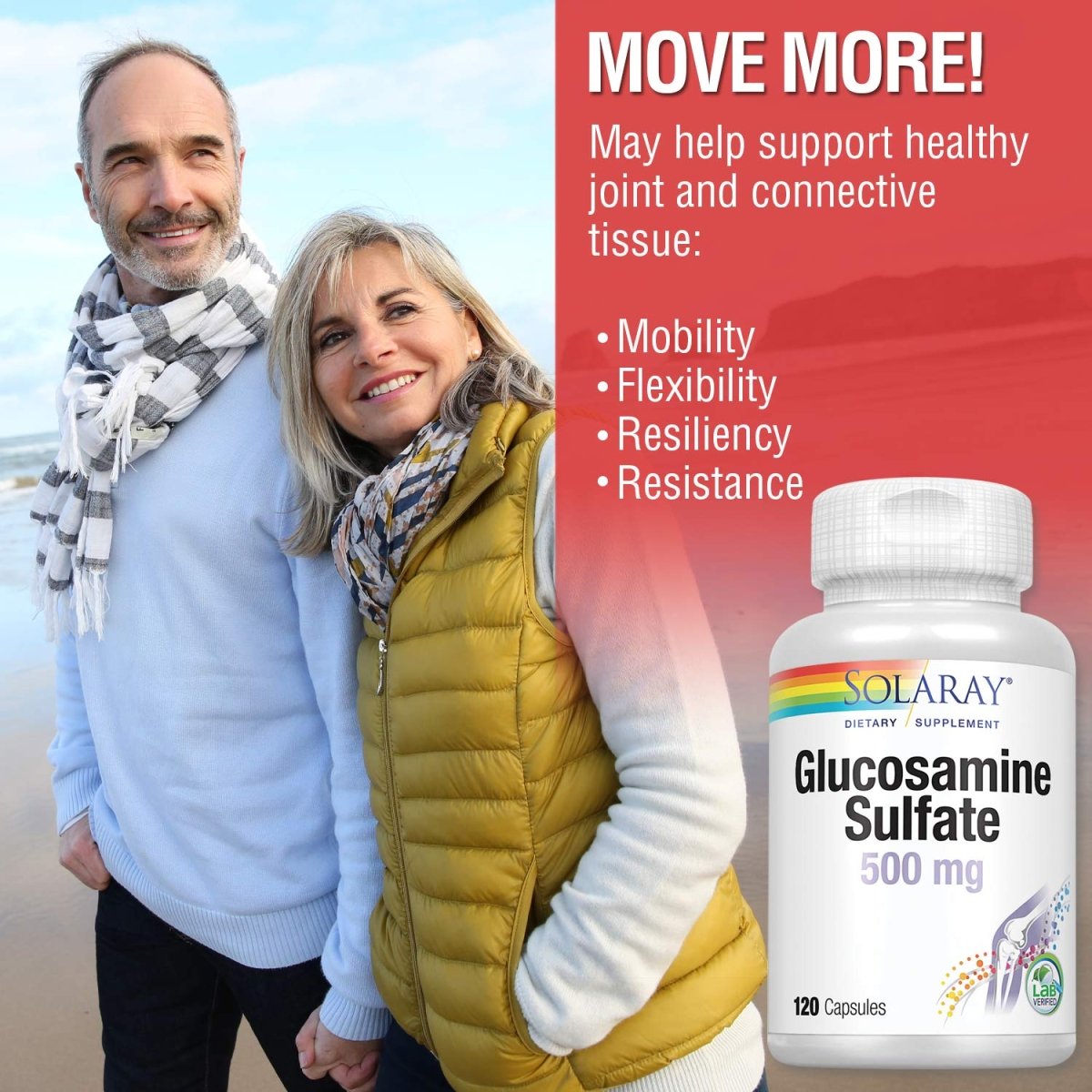 SOLARAY Glucosamine Sulfate 500 mg | Healthy Joint Flexibility & Resiliency Support (60 Serv, 120 CT)