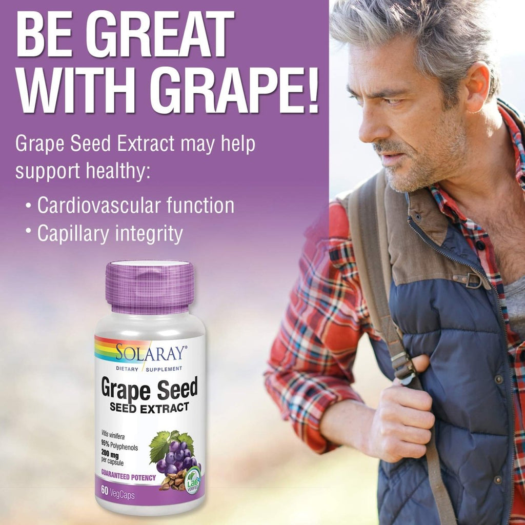 SOLARAY Grape Seed Extract 200 mg Plus Bioflavonoid Complex - 60 VegCaps - Healthy Cardiovascular & Blood Vessel Support
