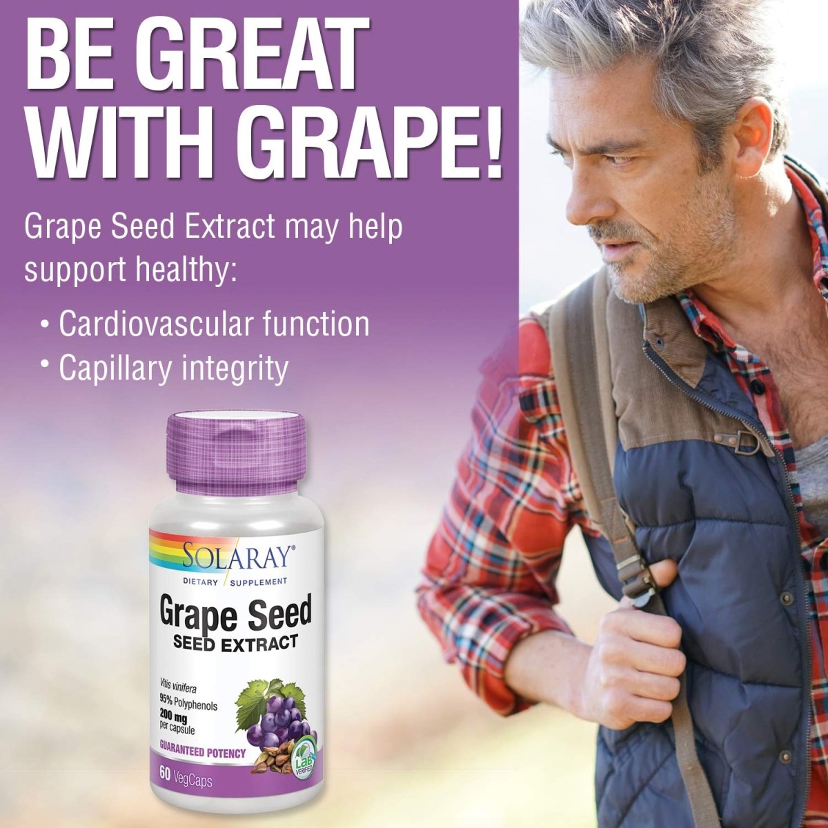 SOLARAY Grape Seed Extract 200 mg Plus Bioflavonoid Complex - 60 VegCaps - Healthy Cardiovascular & Blood Vessel Support