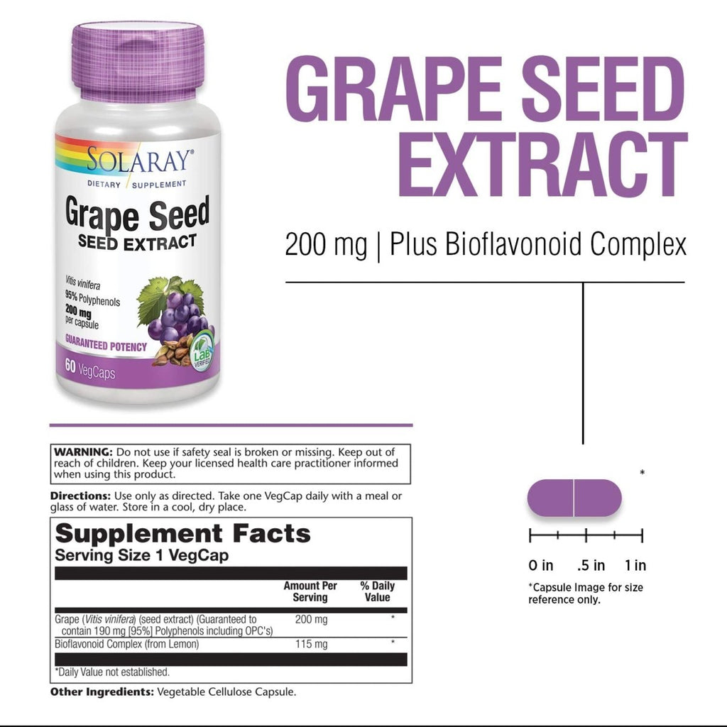 SOLARAY Grape Seed Extract 200 mg Plus Bioflavonoid Complex - 60 VegCaps - Healthy Cardiovascular & Blood Vessel Support