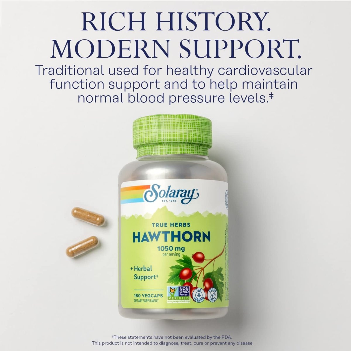 SOLARAY Hawthorn Berry 525mg - Healthy Cardiovascular Function & Circulation Support - Whole Berry - Non-GMO & Vegan - 180 VegCaps