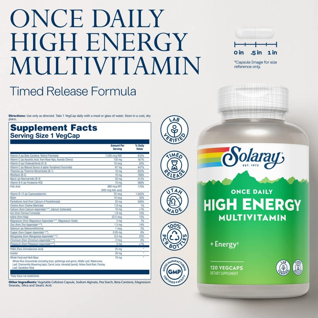 SOLARAY High Energy Multivitamin | Once Daily, Timed-Release Formula | Whole Food & Herb Base | Non-GMO