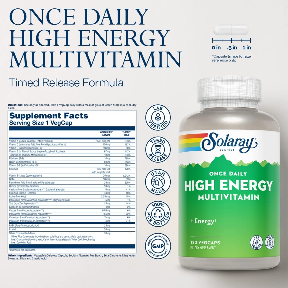 SOLARAY High Energy Multivitamin | Once Daily, Timed-Release Formula | Whole Food & Herb Base | Non-GMO