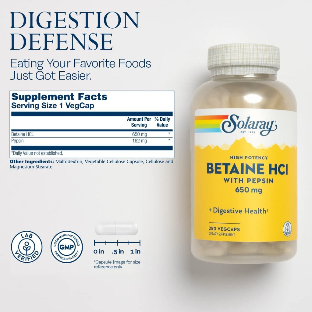 Solaray High Potency Betaine HCL with Pepsin - 250 VegCaps   04815