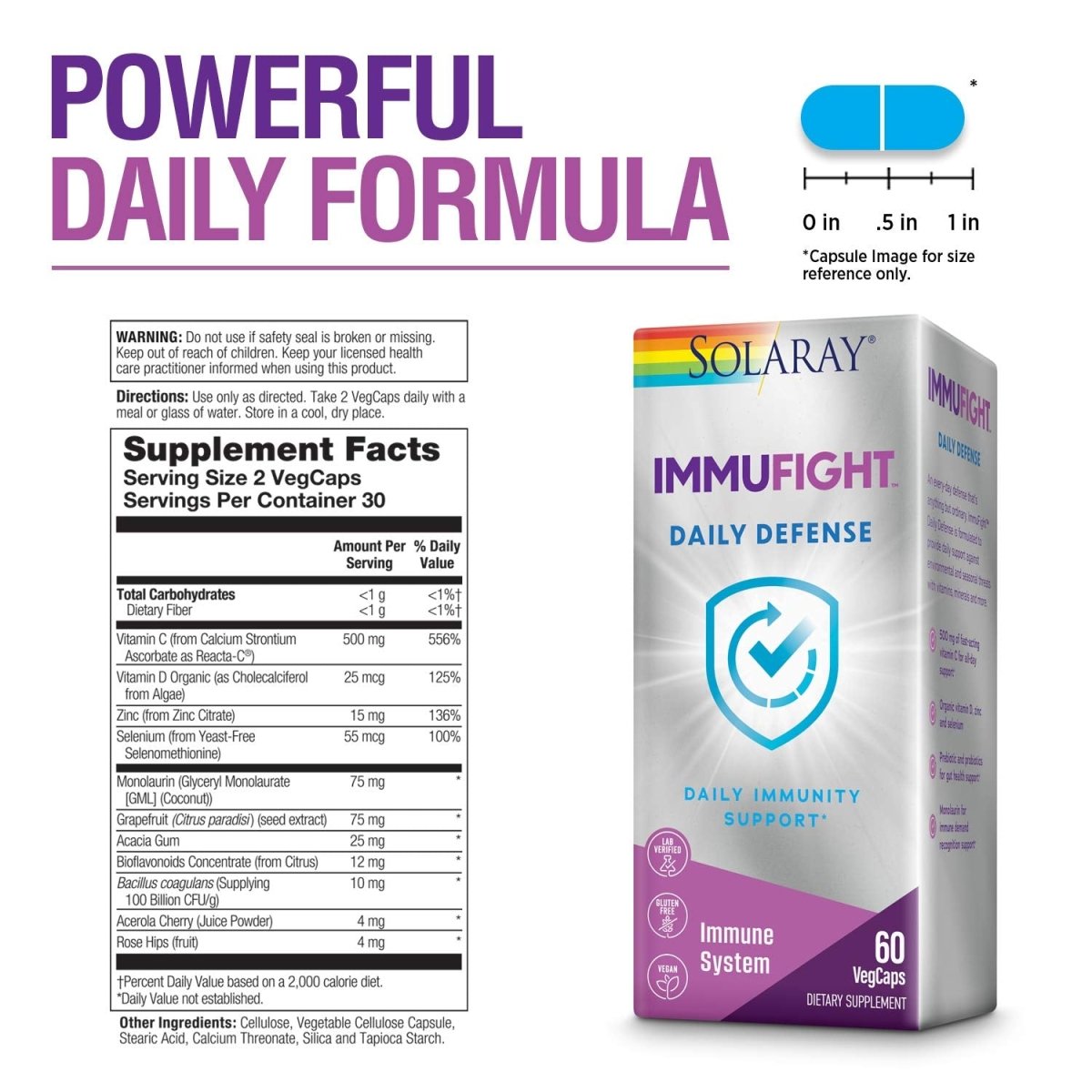 SOLARAY Immufight Daily Defense | Immunity Support Supplement with Vitamins C & D, Zinc & Probiotics | 60ct, 30 Serv.