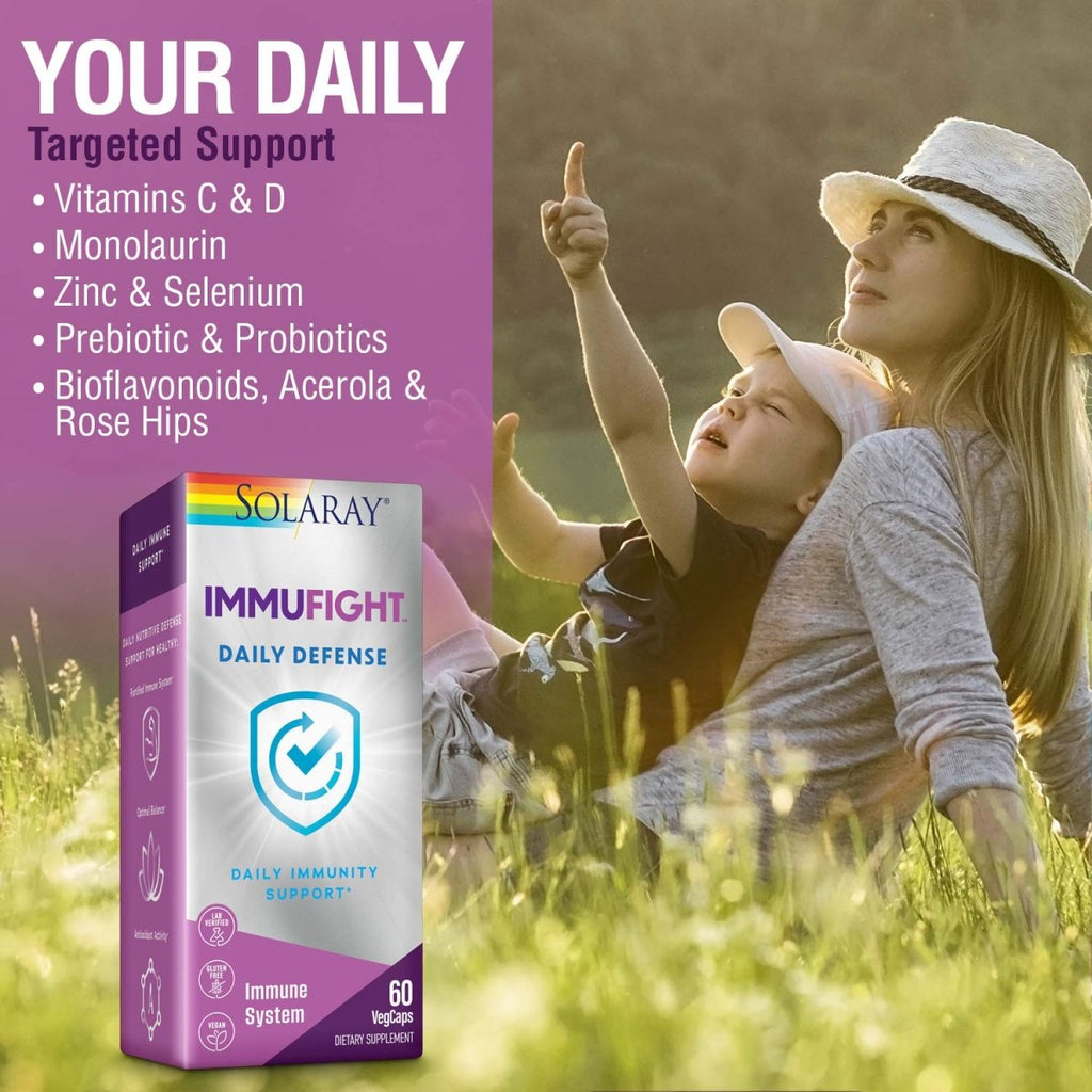 SOLARAY Immufight Daily Defense | Immunity Support Supplement with Vitamins C & D, Zinc & Probiotics | 60ct, 30 Serv.