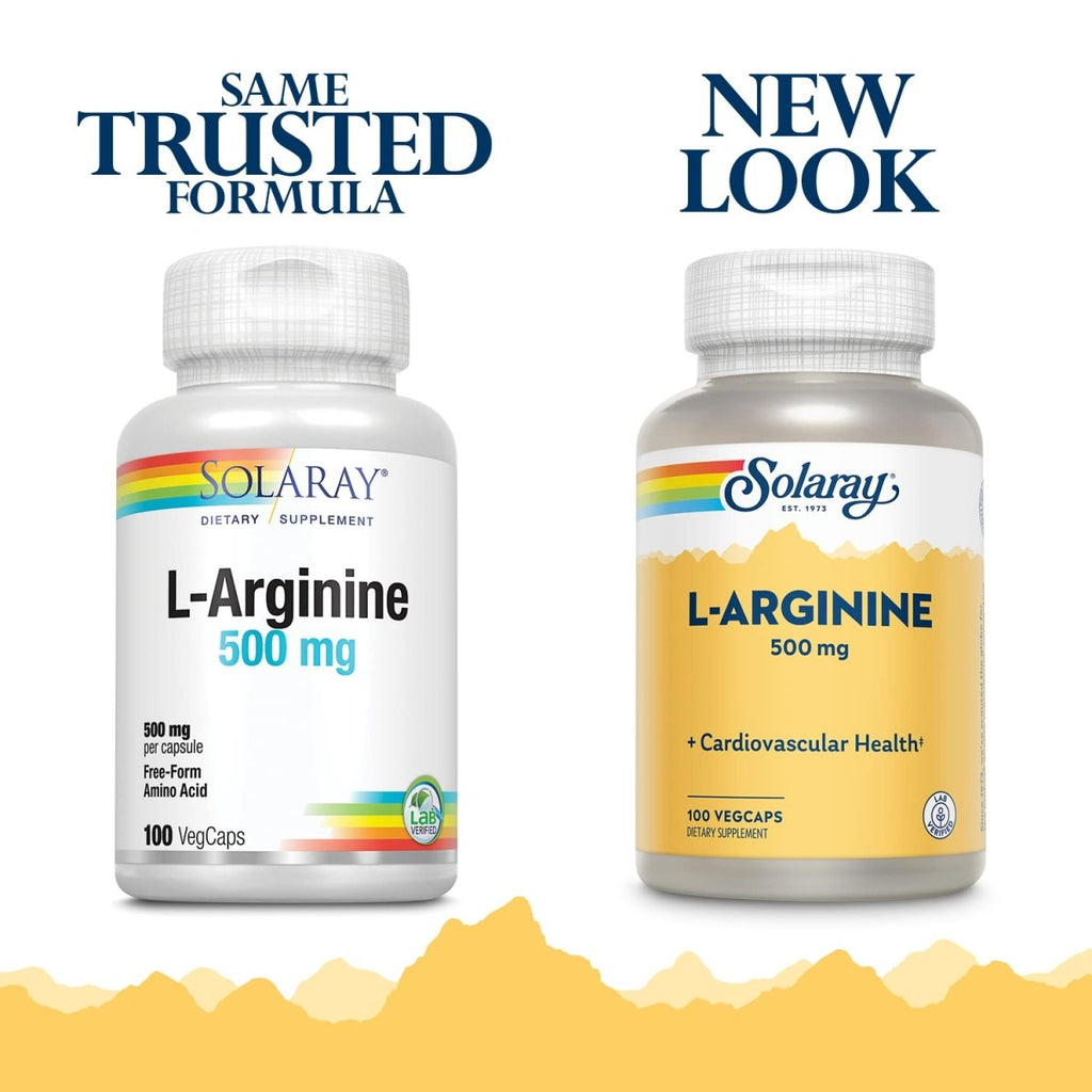 SOLARAY L-Arginine 500 mg, Nitric Oxide Supplement, Endurance, Energy, Heart Health Support, 100 Servings, 100 VegCaps