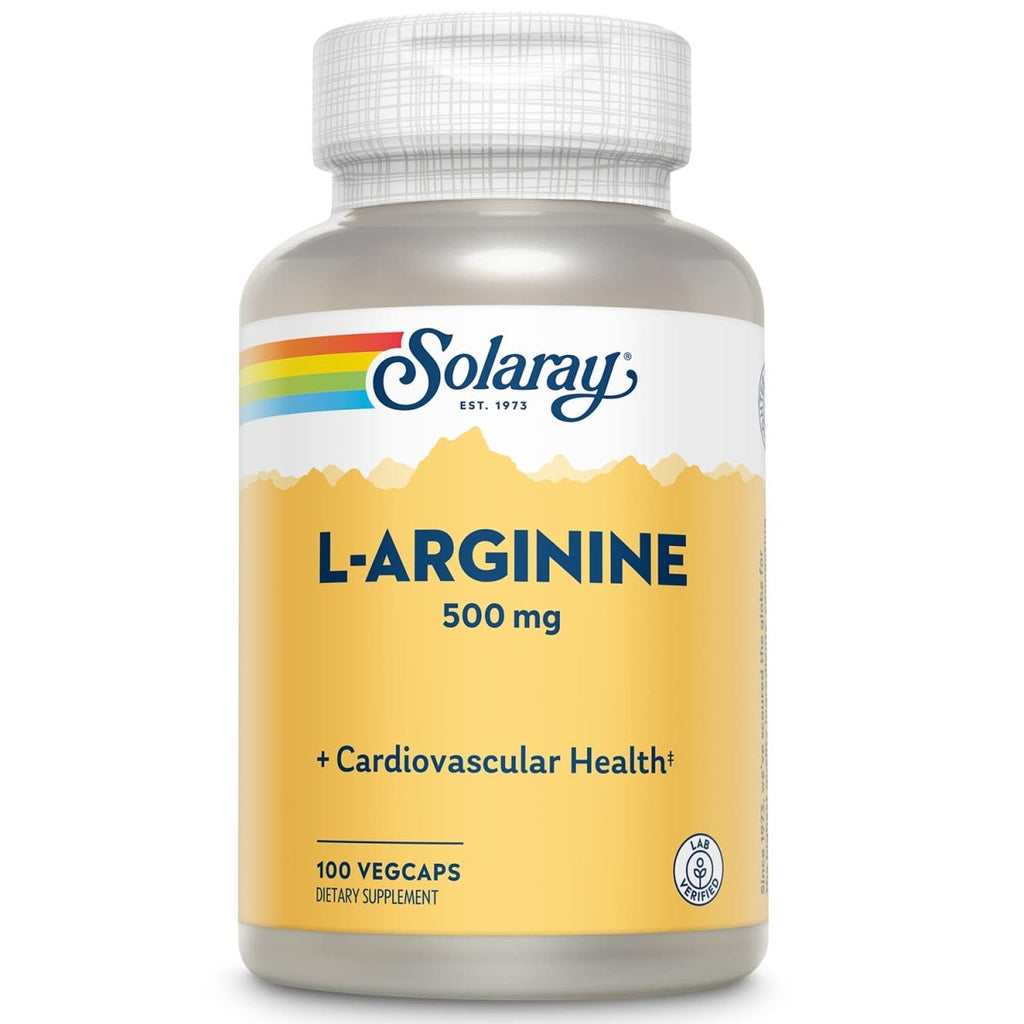 SOLARAY L-Arginine 500 mg, Nitric Oxide Supplement, Endurance, Energy, Heart Health Support, 100 Servings, 100 VegCaps
